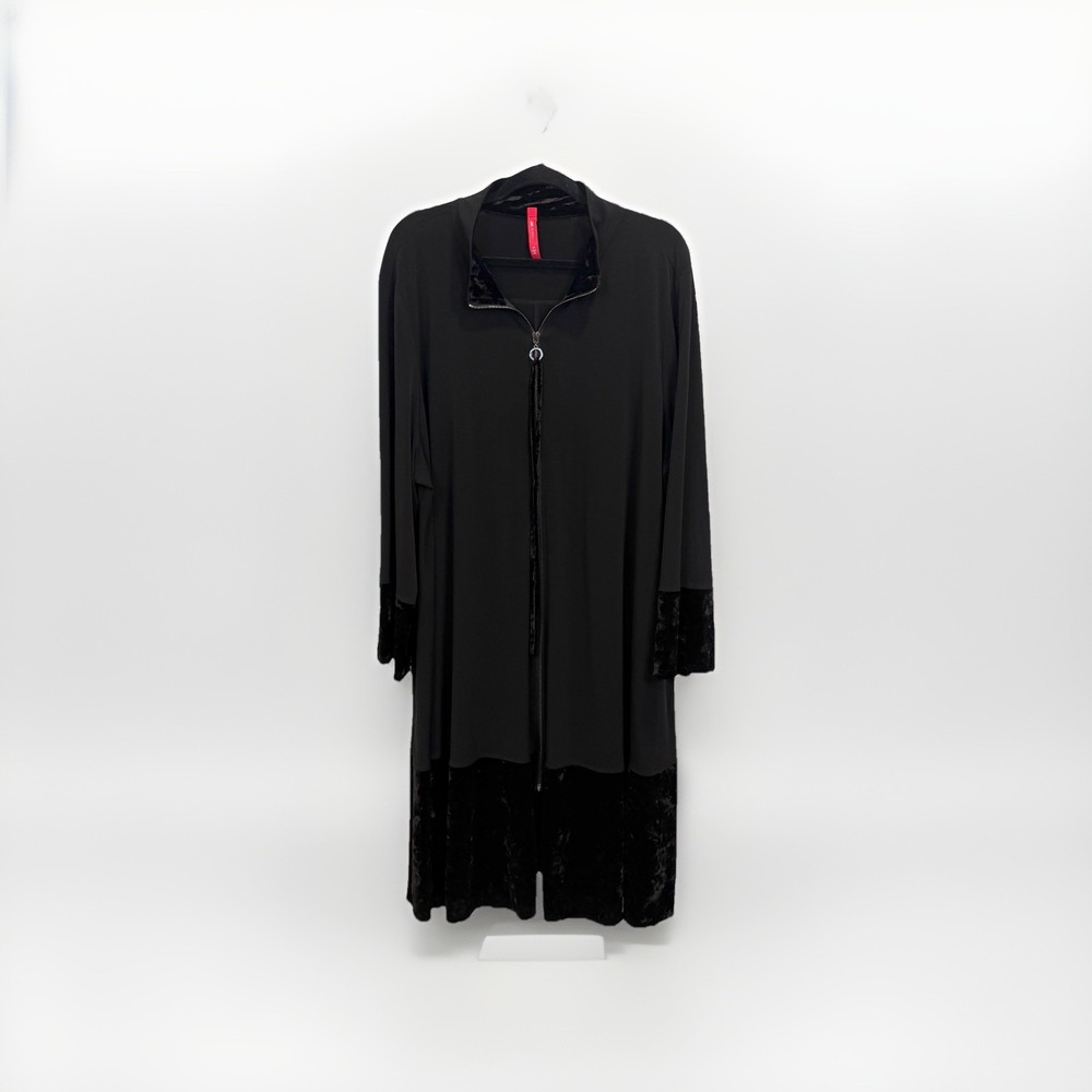 I.C. By Connie K 3X Long Cardigan Full Zip Black‎ Velour Jacket Artsy